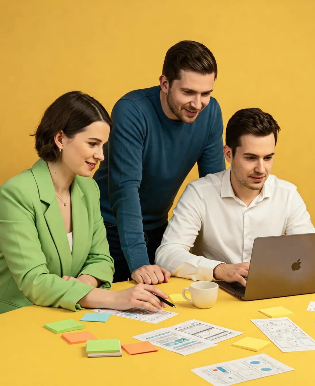 Zespół projektowy analizujący makiety i tworzący koncepcję aplikacji cyfrowej