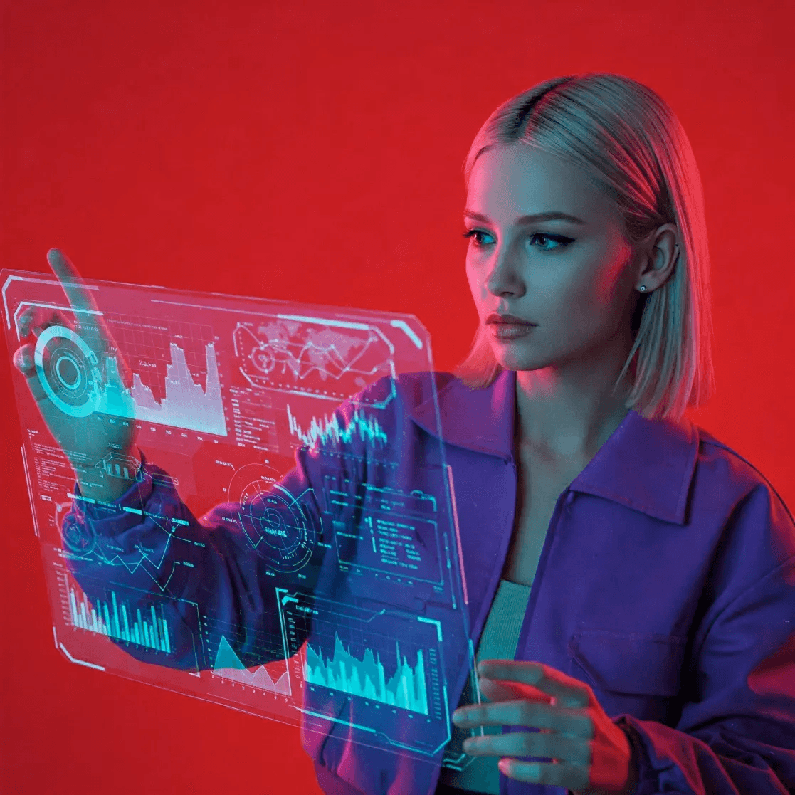 Specjalistka IT analizująca dane na cyfrowym panelu, wizualizacja usług utrzymaniowych w środowisku digital