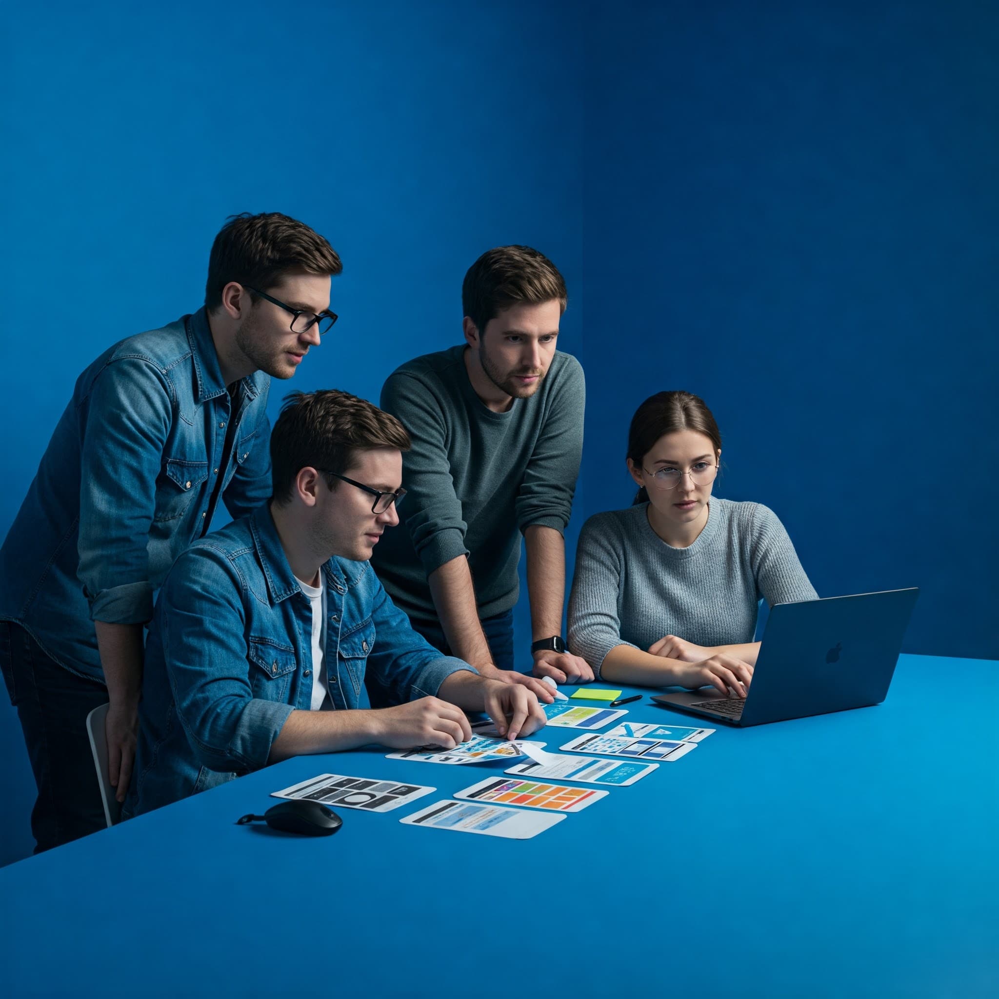 Zespół projektowy analizujący makiety i tworzący koncepcję aplikacji cyfrowej