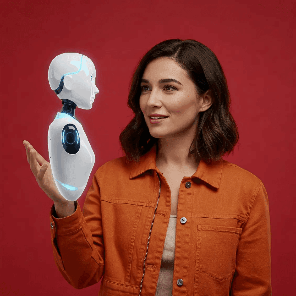 Kobieta w pomarańczowej kurtce trzymająca humanoidalnego robota – symbol nowoczesnych technologii cyfrowych