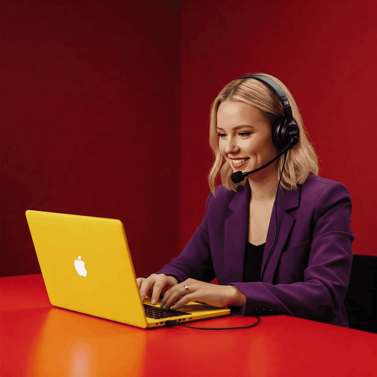 Kobieta w fioletowej marynarce pracująca zdalnie przy laptopie, wyposażona w zestaw słuchawkowy – symbol cyfrowej komunikacji