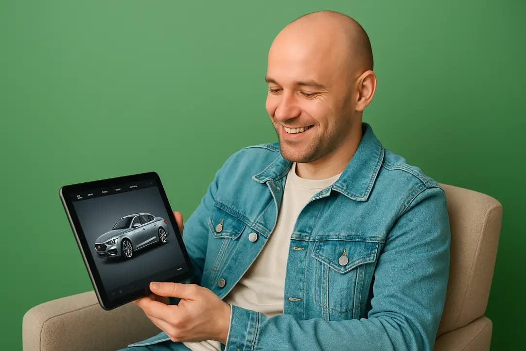 Uśmiechnięty mężczyzna trzyma tablet z wizualizacją samochodu w konfiguratorze