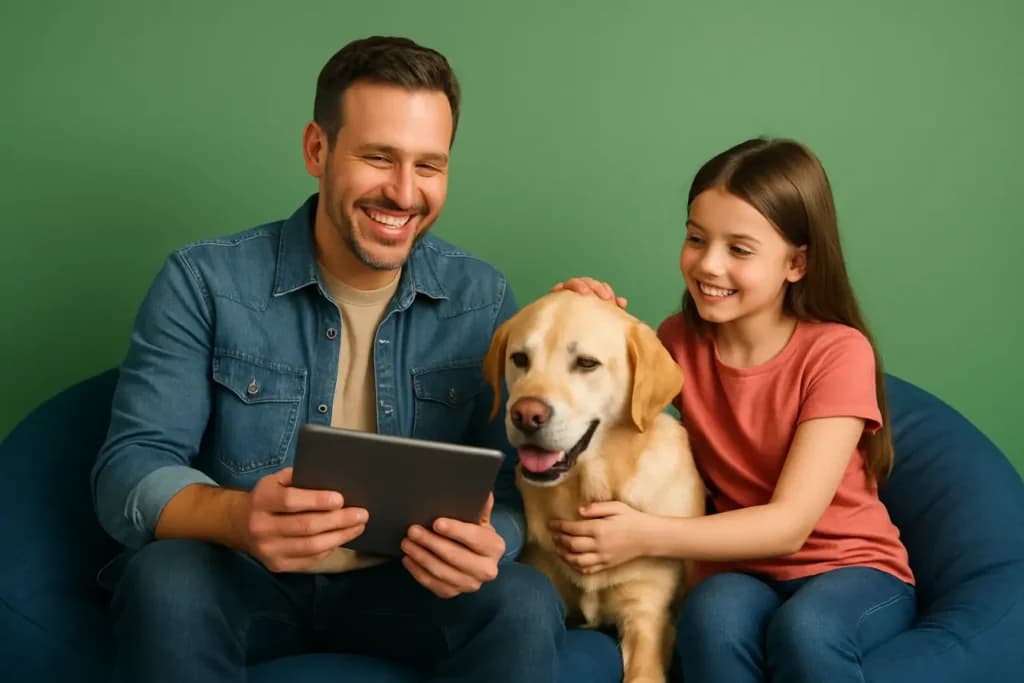 Mężczyzna i dziewczynka z psem wspólnie oglądają coś na tablecie, siedząc na tle zielonej ściany