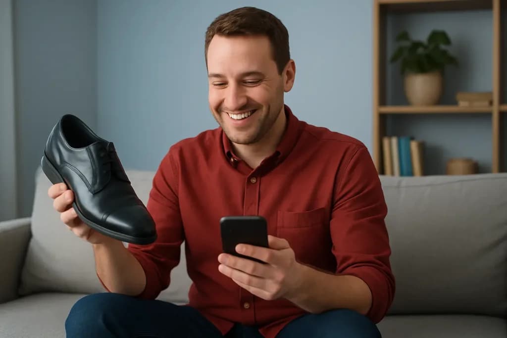 Uśmiechnięty mężczyzna siedzi na kanapie z telefonem i butem w rękach