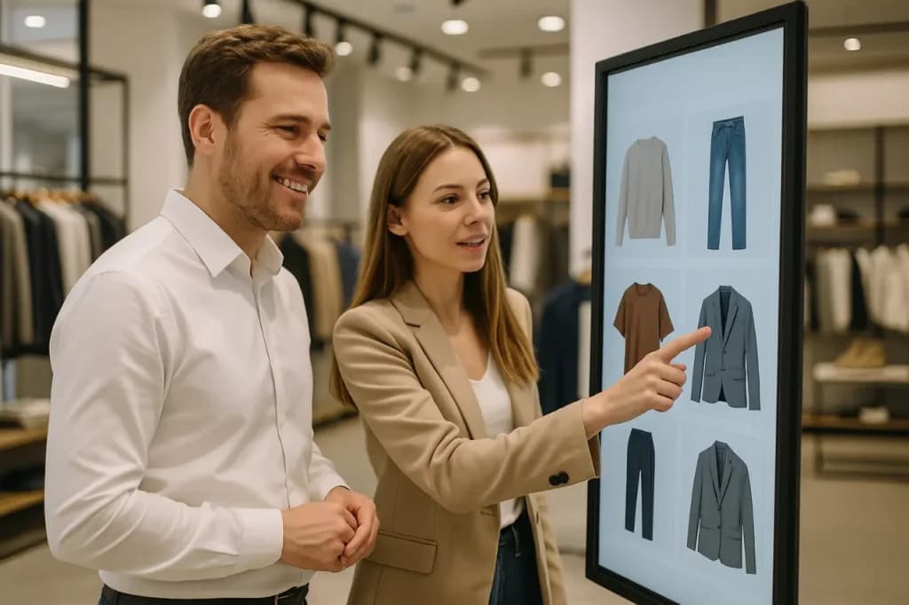 Kobieta i mężczyzna wybierają ubrania na ekranie dotykowym w sklepie odzieżowym