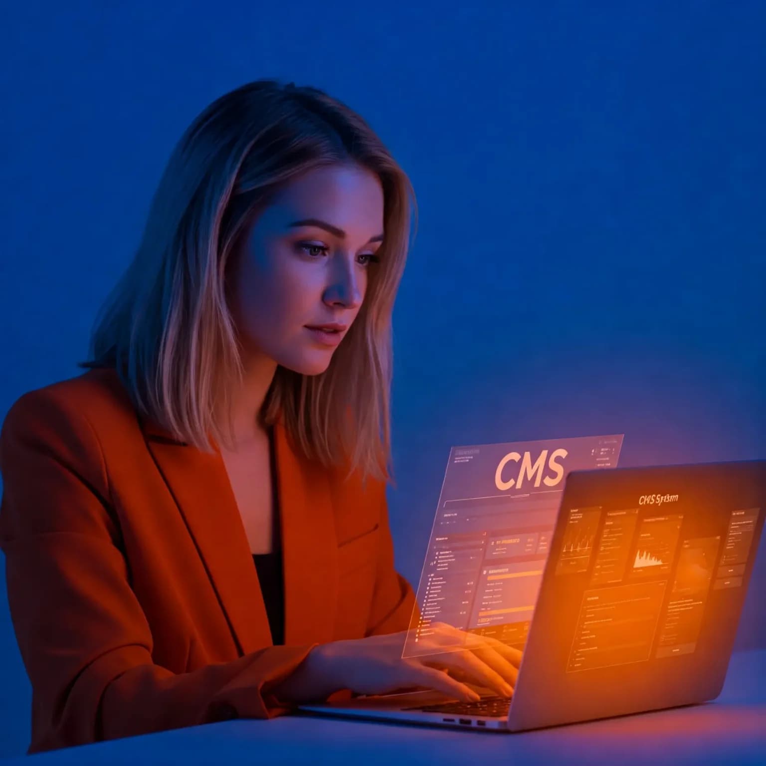 Kobieta pracująca na laptopie z wizualizacją interfejsu CMS