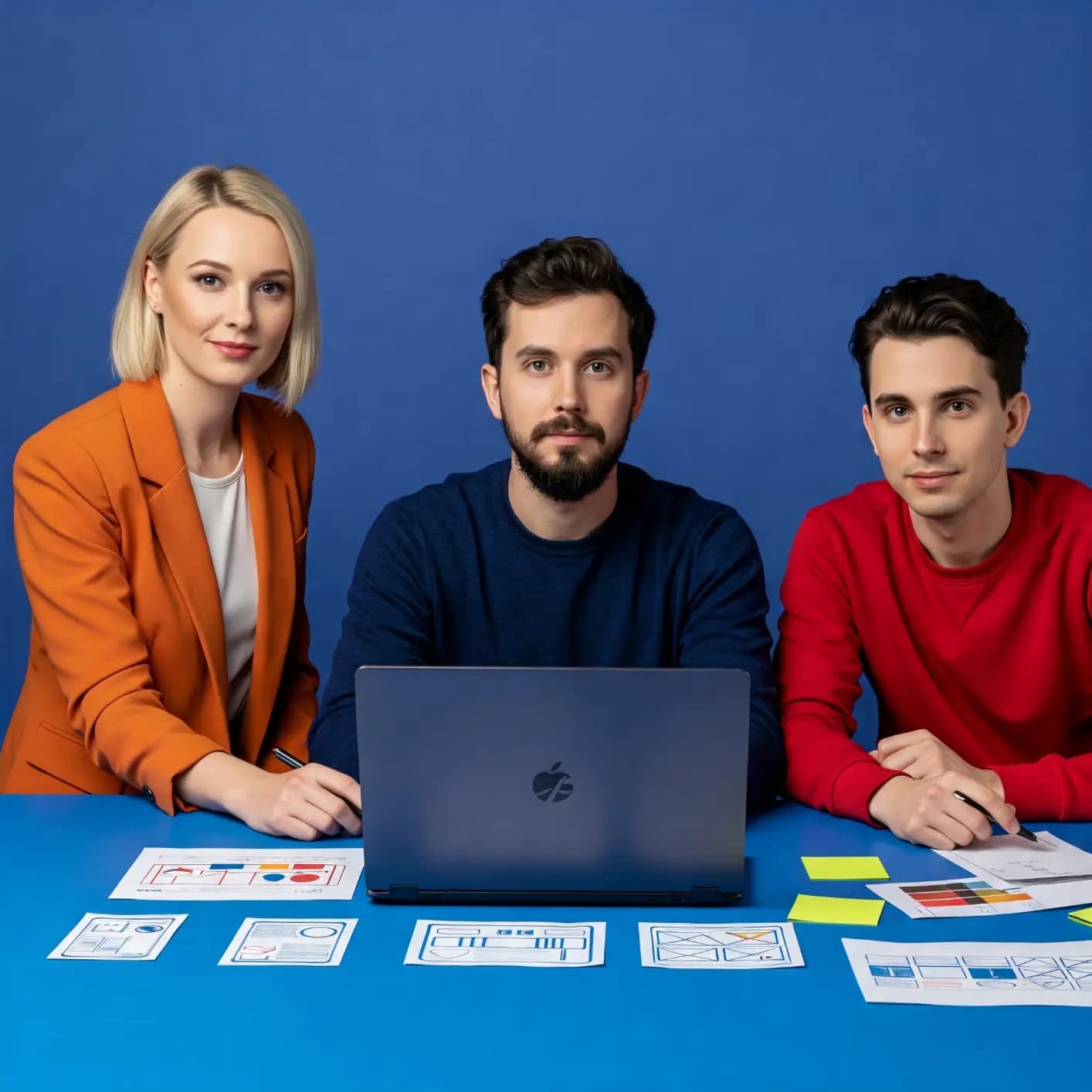 Trzyosobowy zespół specjalistów IT z Fabrity Digital współpracuje przy laptopie nad projektem cyfrowym, na tle niebieskiej ściany.