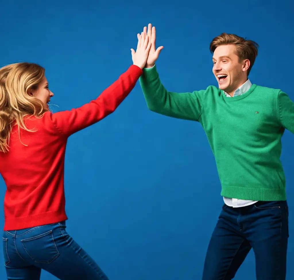 Kobieta i mężczyzna przybijający sobie piątkę na tle niebieskiej ściany – gest sukcesu i współpracy