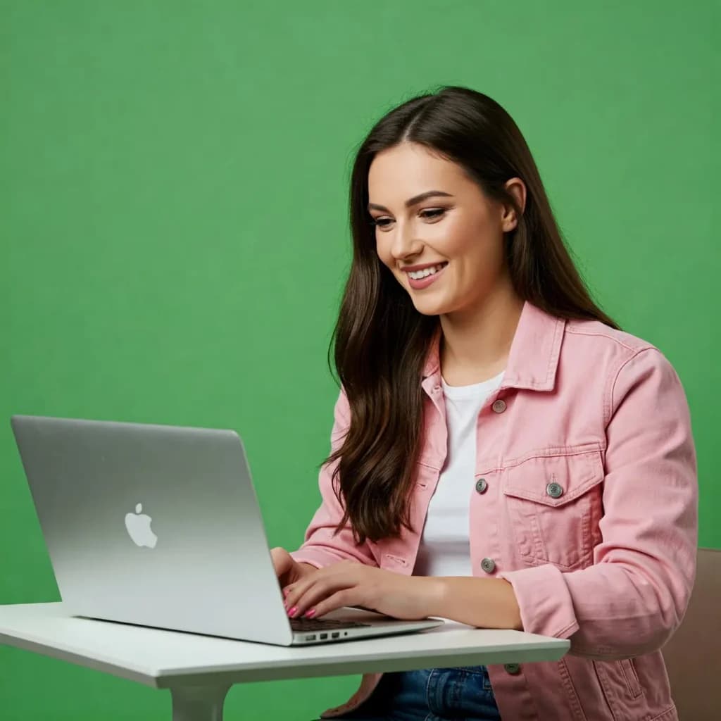 Uśmiechnięta kobieta w różowej kurtce pracuje przy laptopie na zielonym tle