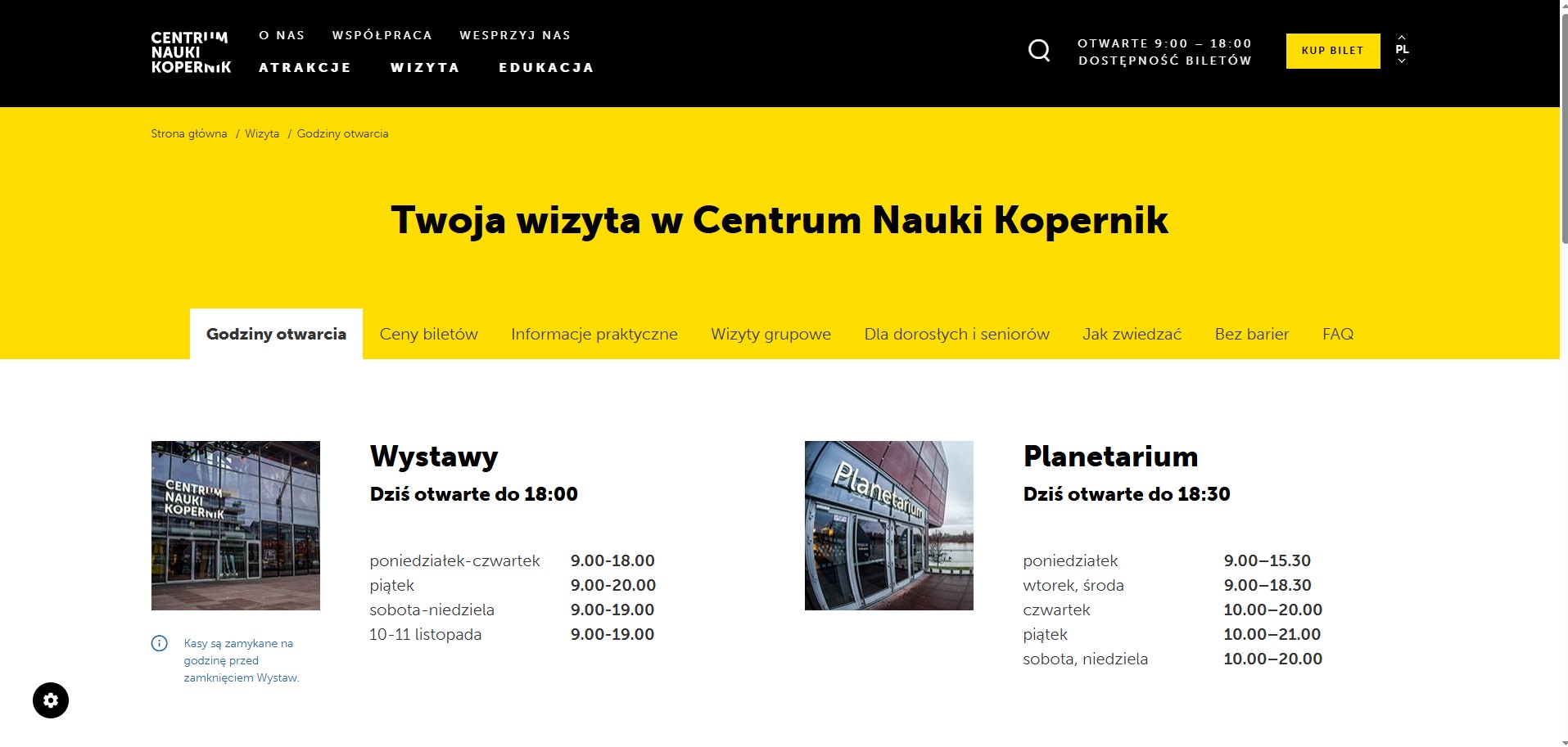 Screen strony Centrum Nauki Kopernik z godzinami otwarcia wystaw i planetarium.