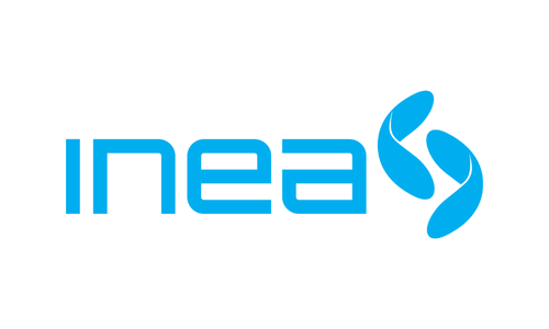 Logo firmy INEA w niebieskim kolorze na białym tle