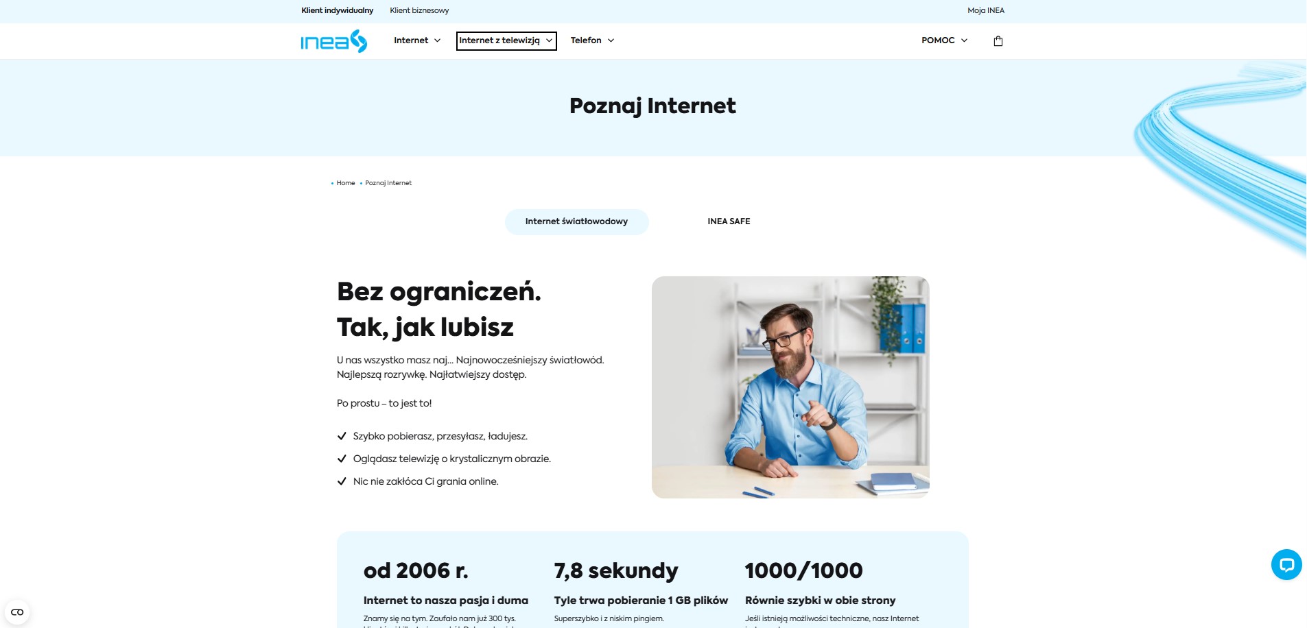 Strona INEA z sekcją o internecie światłowodowym i grafiką użytkownika przy biurku.