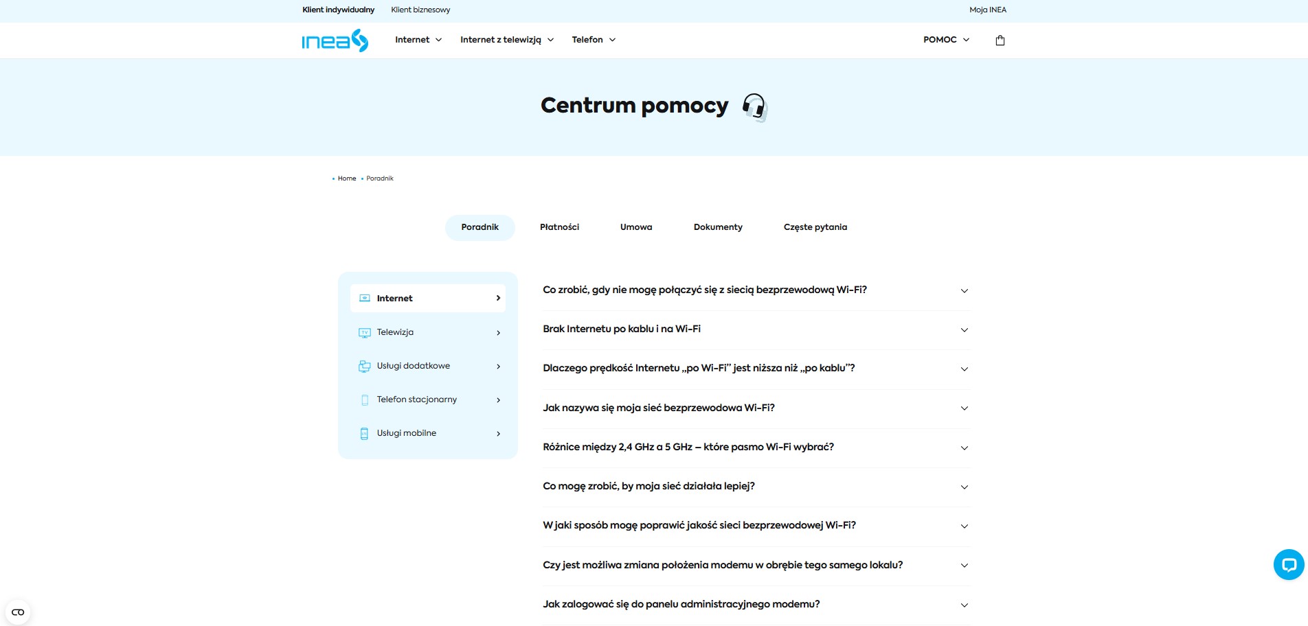 Screen strony INEA z kategoriami pomocy i listą porad dotyczących internetu.