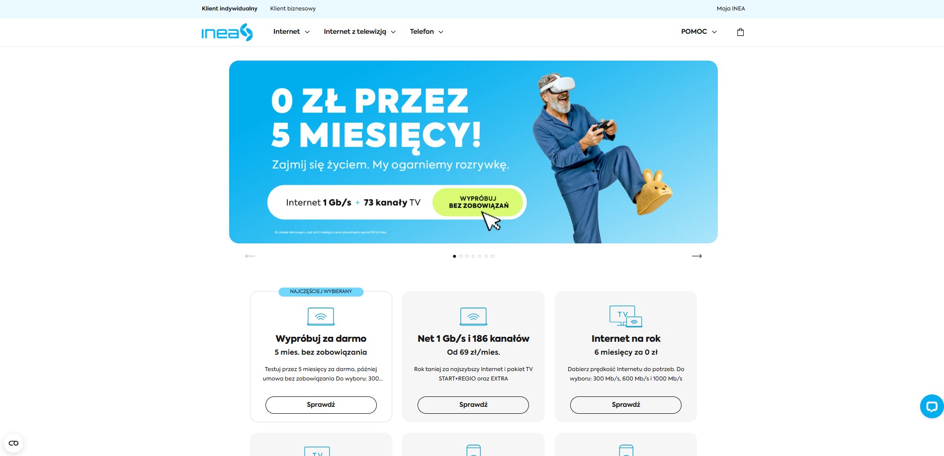 Strona INEA z banerem promocyjnym 0 zł przez 5 miesięcy i ofertami internetu.