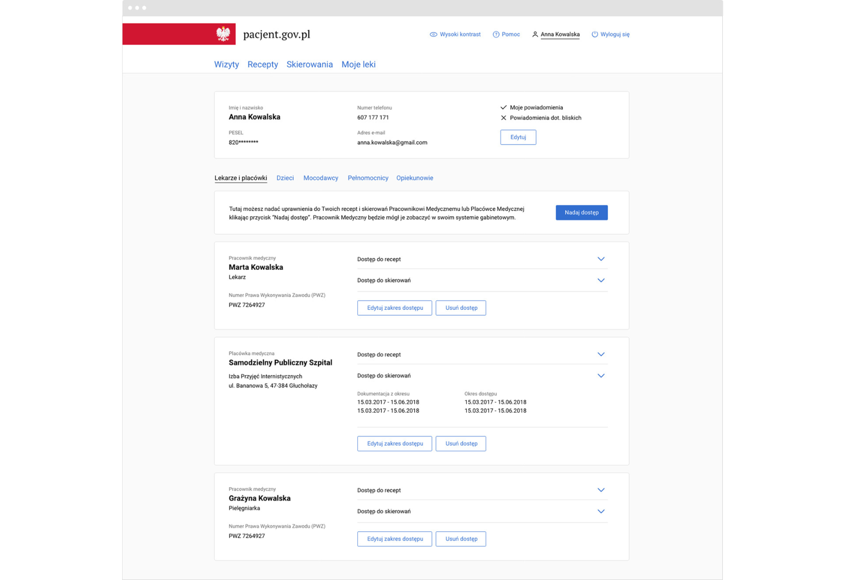 Ekran pacjent.gov.pl z listą lekarzy i ustawieniami dostępu do recept oraz skierowań.