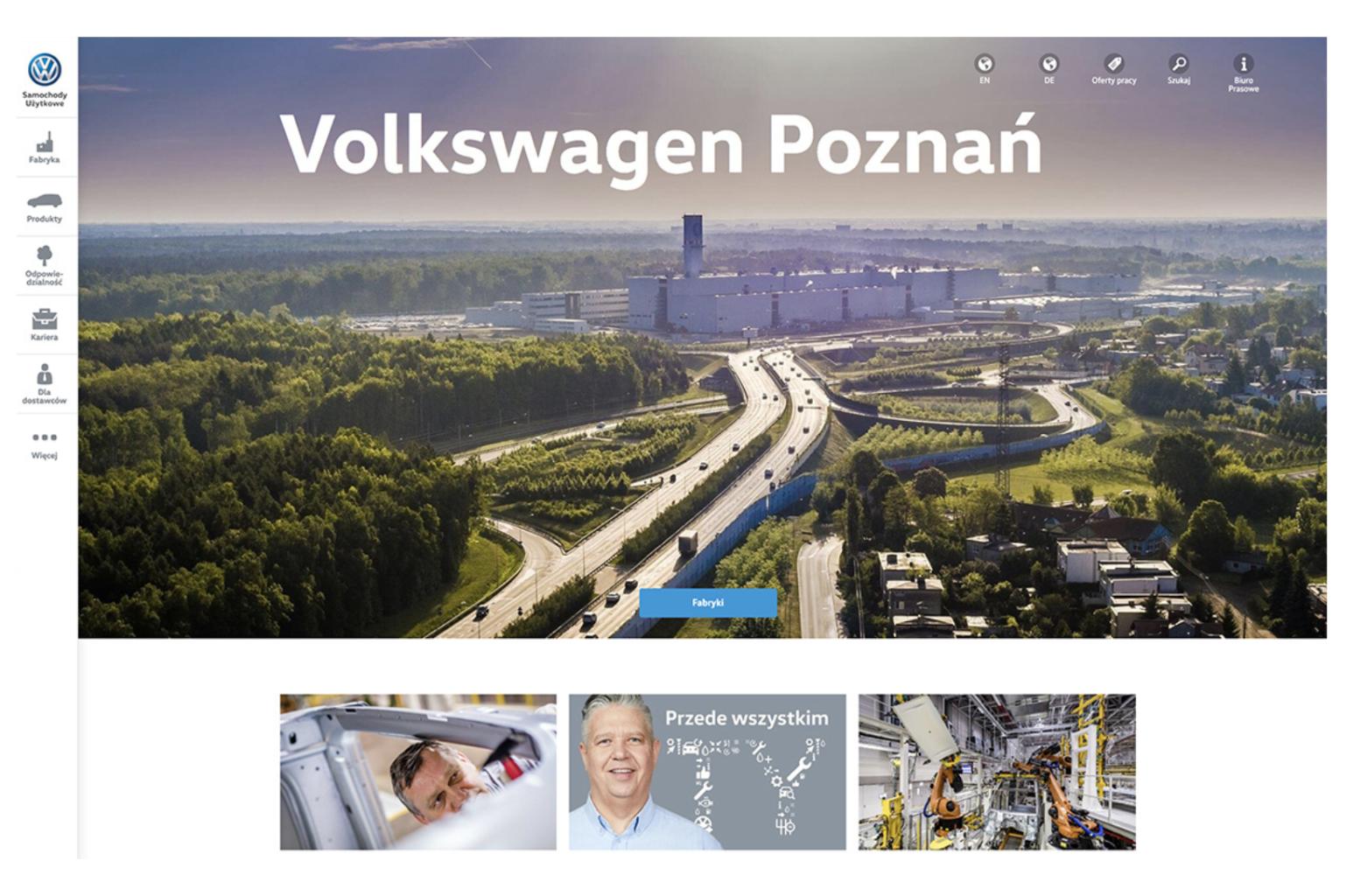 Panoramiczny widok fabryki Volkswagen Poznań z ujęciem dróg i terenów zielonych.