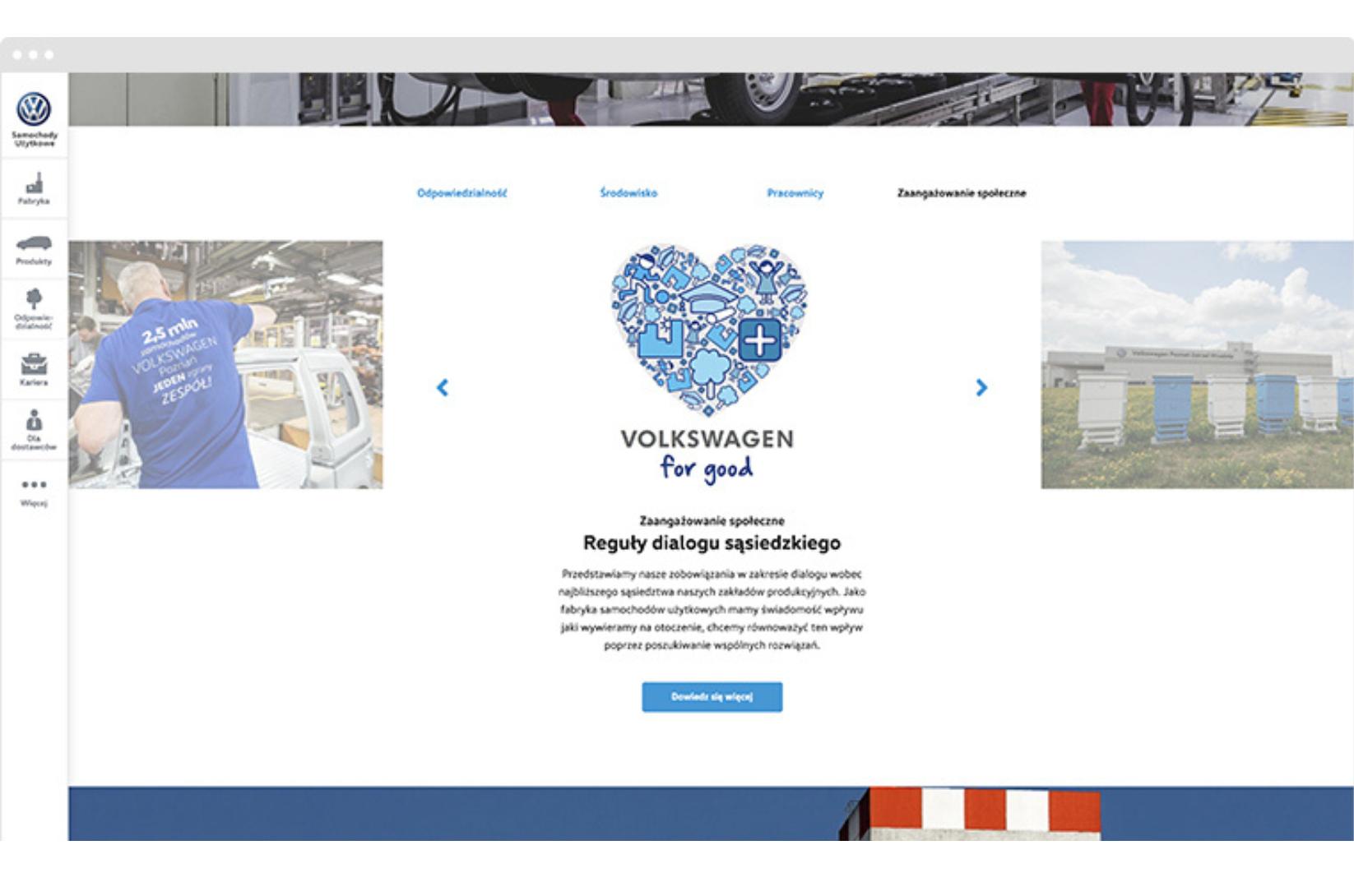 Screen VW prezentujący działania społeczne i program „Volkswagen for good”.