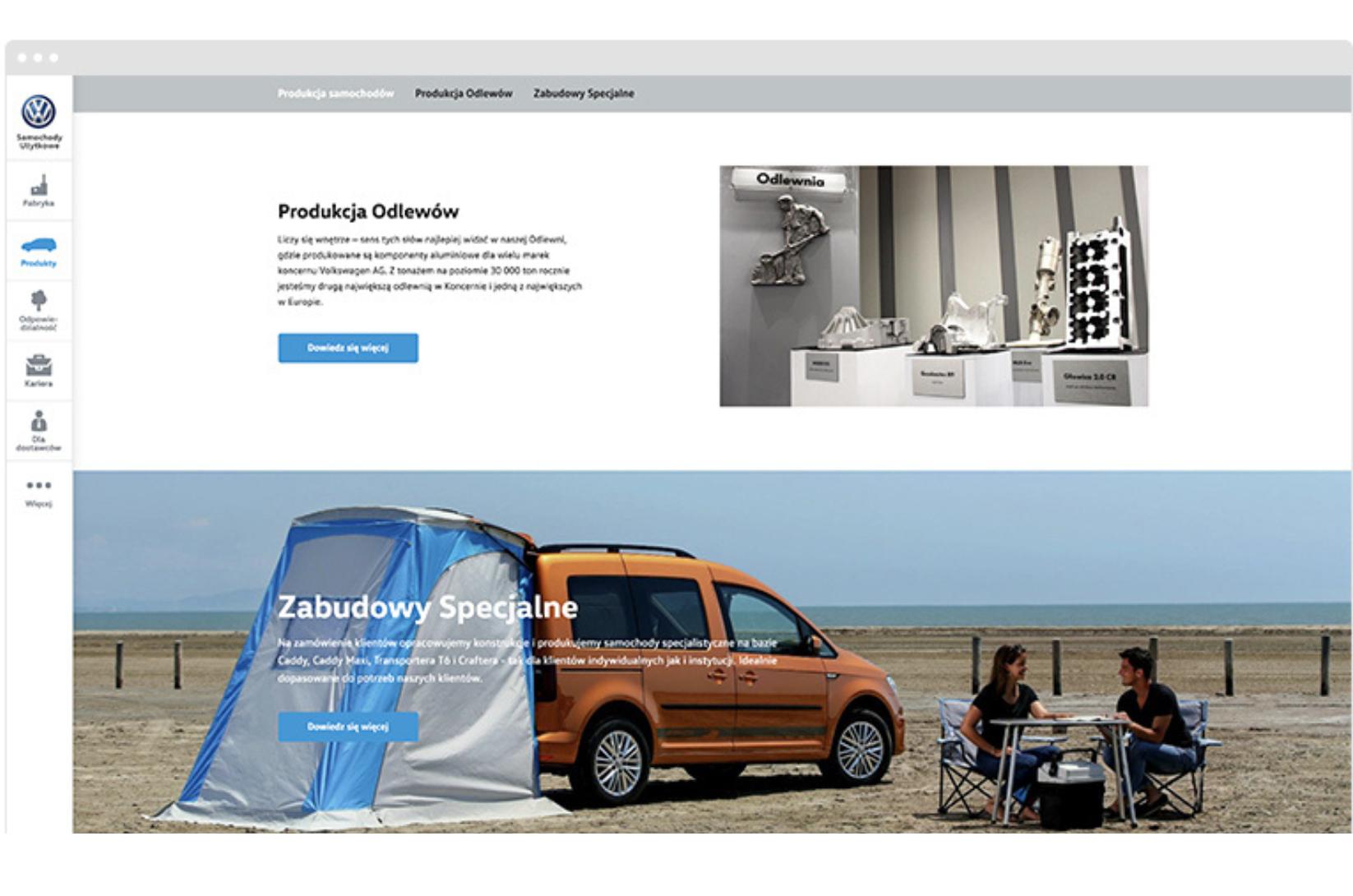 Screen strony VW z sekcjami o produkcji odlewów i zabudowach specjalnych.