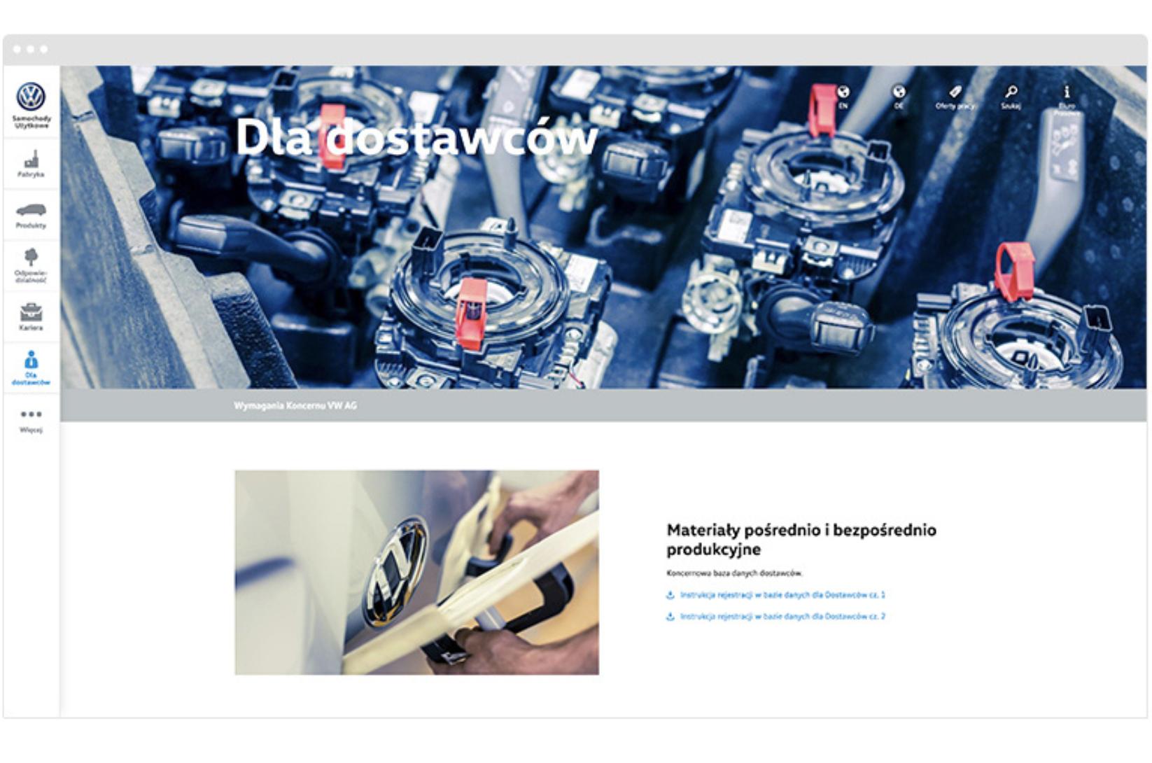 Screen strony VW z modułem „Dla dostawców” i zdjęciem komponentów produkcyjnych.