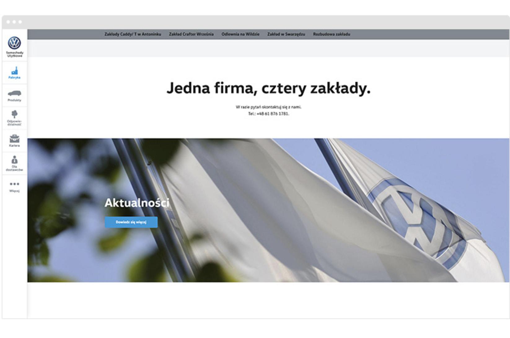 Screen strony VW z hasłem „Jedna firma, cztery zakłady” i flagami marki.