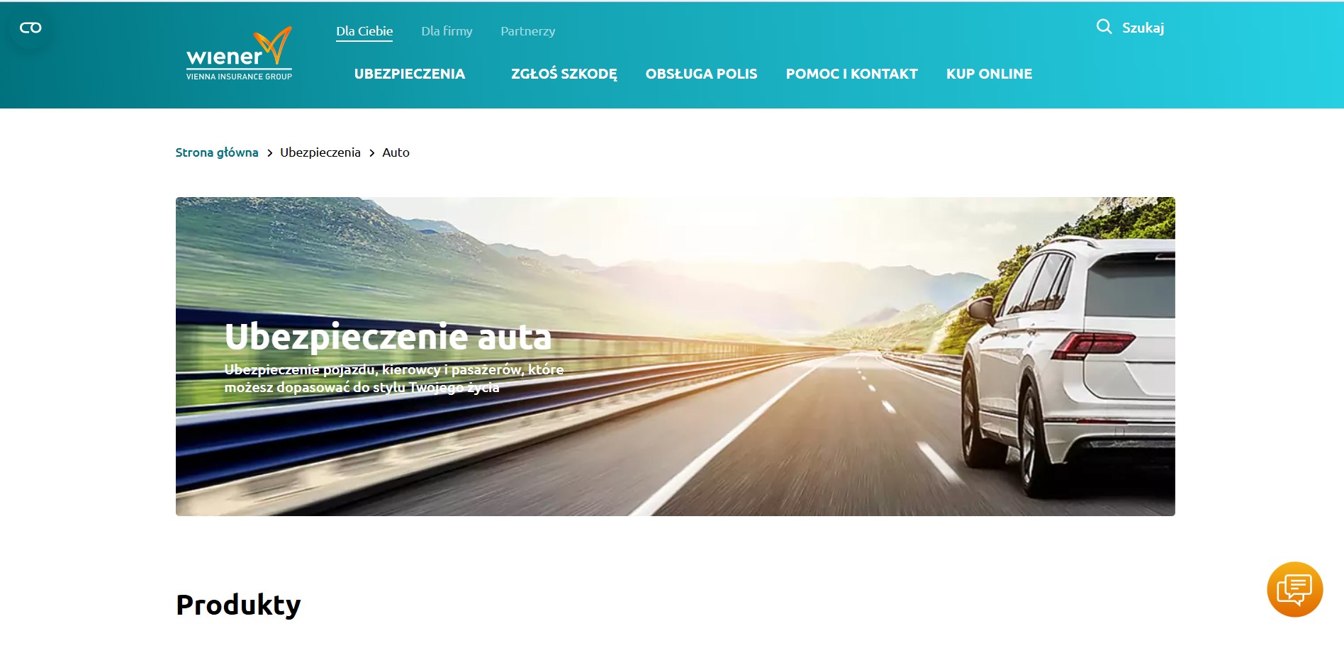 Strona Wiener z grafiką samochodu i opisem oferty ubezpieczenia auta.