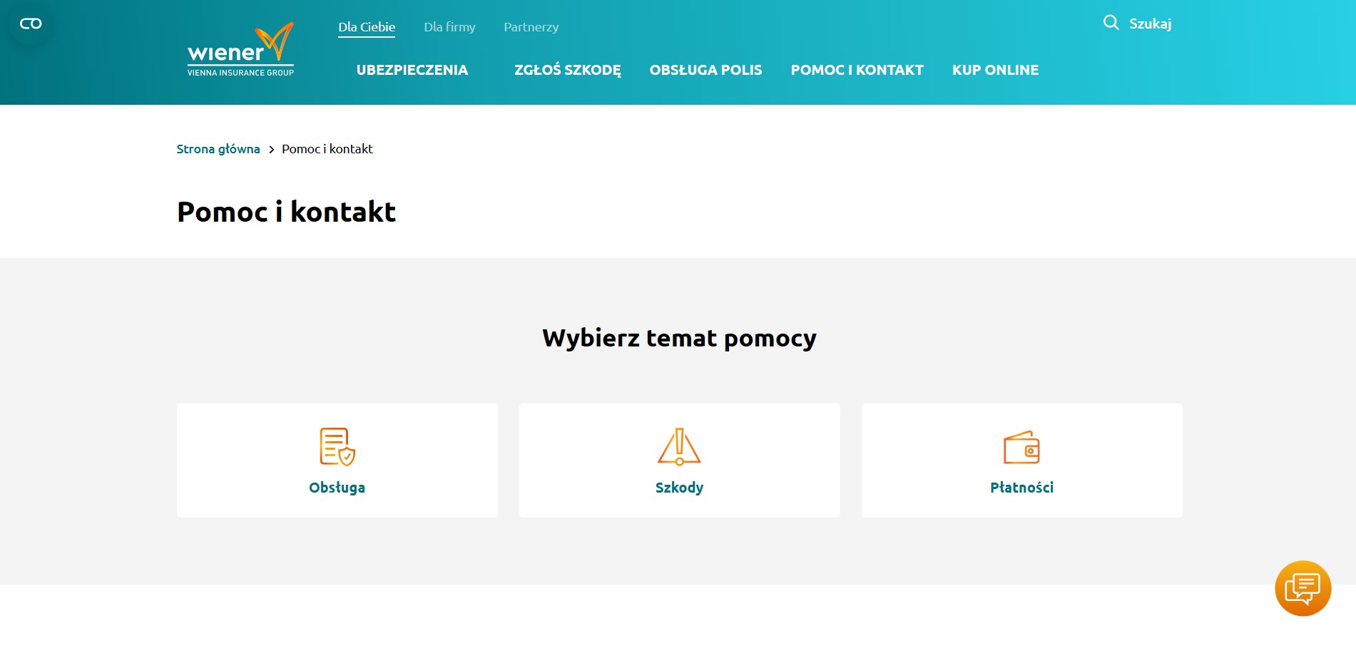 Strona Wiener z modułem wyboru tematów pomocy: obsługa, szkody, płatności.