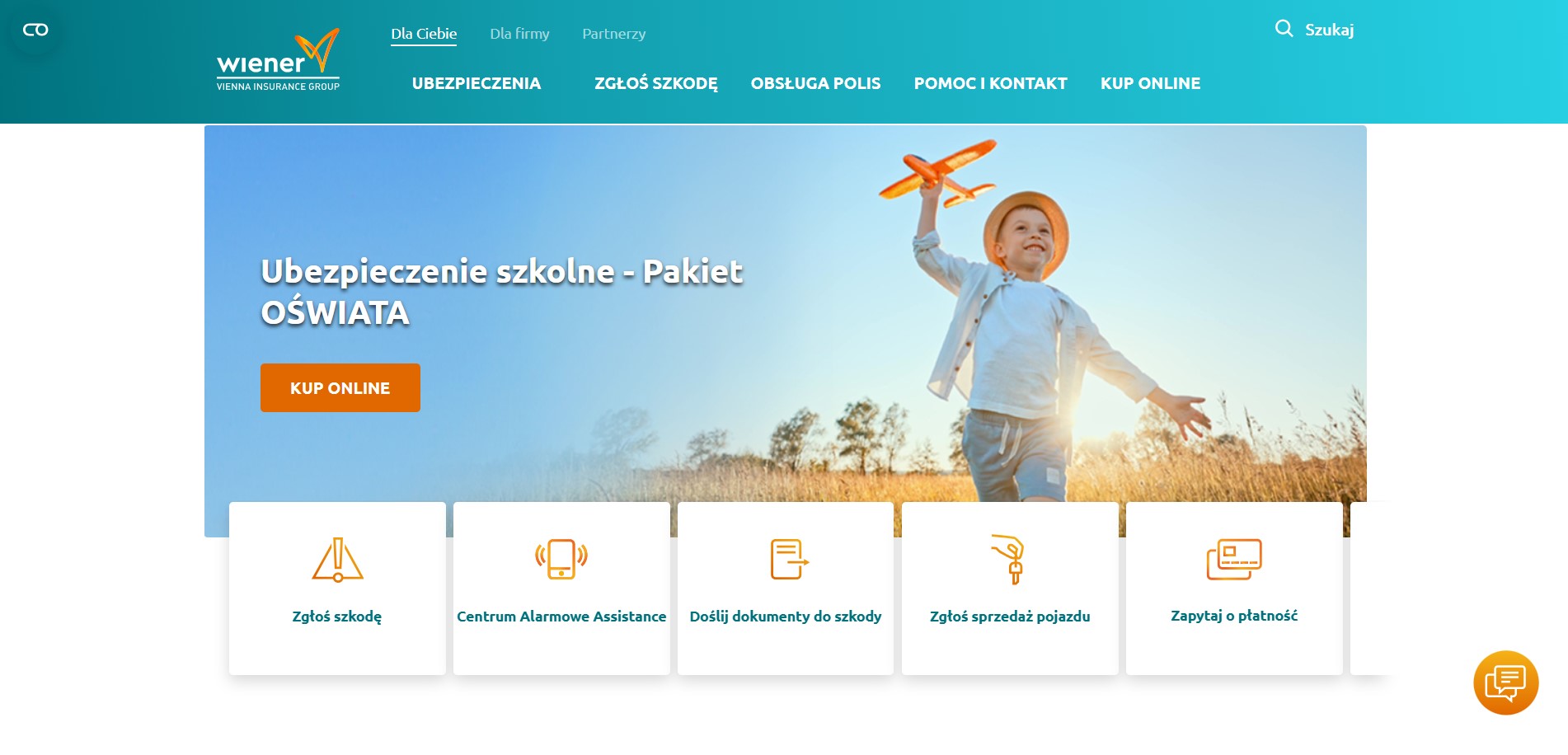 Strona Wiener z ofertą ubezpieczenia szkolnego i grafiką dziecka bawiącego się samolotem.