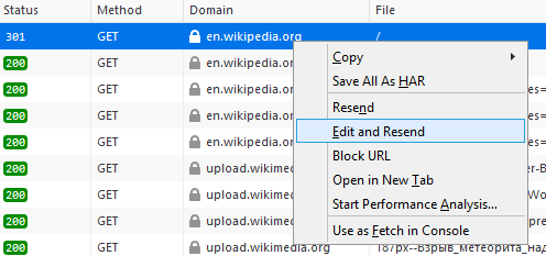 Zrzut ekranu z przeglądarki Firefox z opcją „Edit and Resend” zaznaczoną w inspektorze sieci