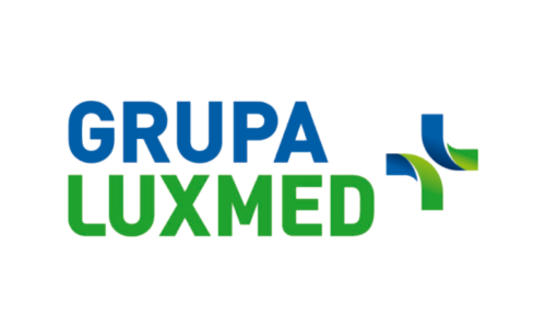 Logo Grupy LUX MED – niebiesko-zielony napis z symbolem krzyża