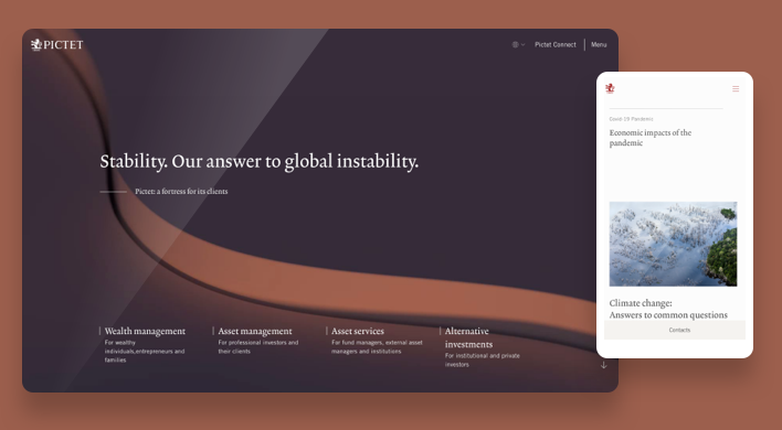 Ekrany Pictet w wersji desktop i mobile z informacjami o usługach finansowych.