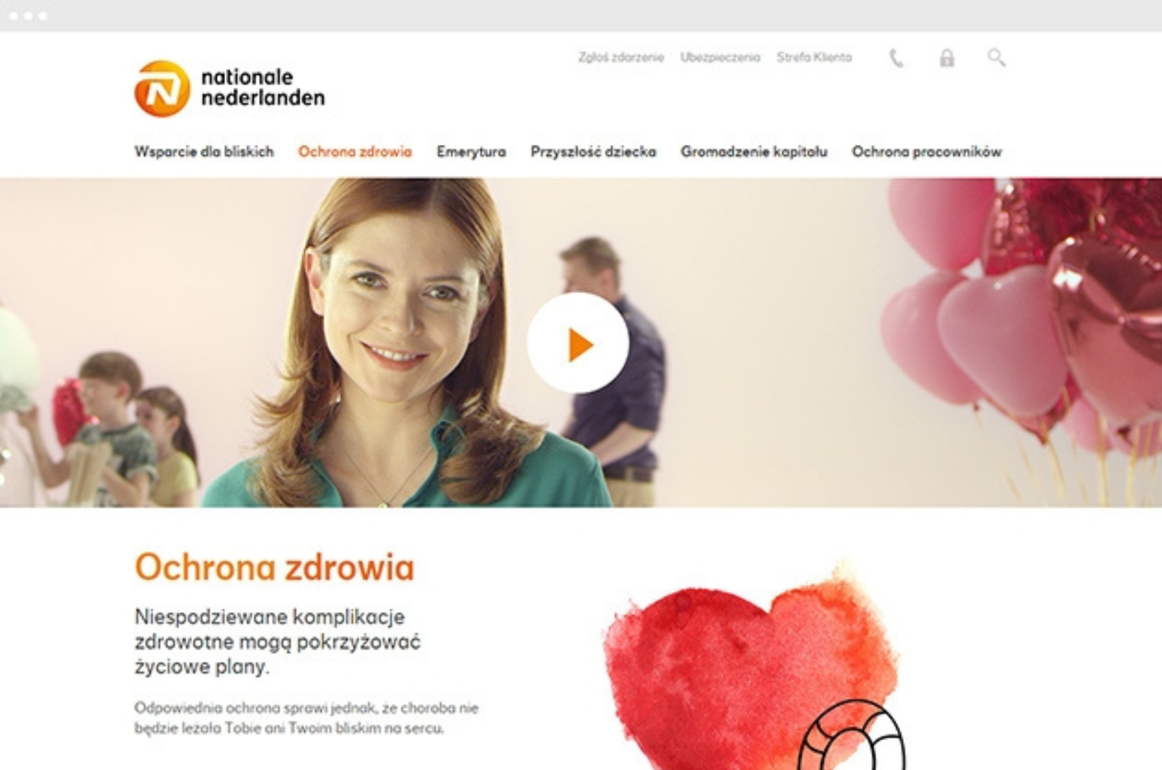 Screen strony Nationale-Nederlanden z sekcją o ochronie zdrowia i materiałem wideo.