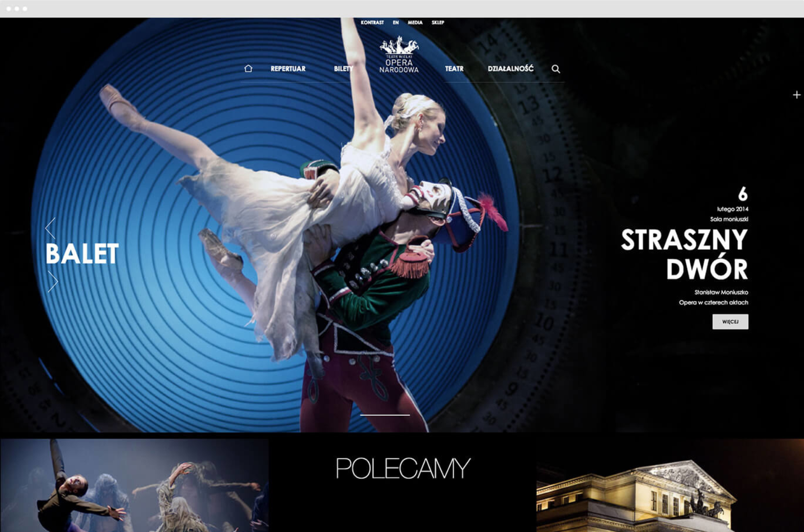 Screen strony Opery Narodowej z baletem i informacją o spektaklu „Straszny Dwór”.
