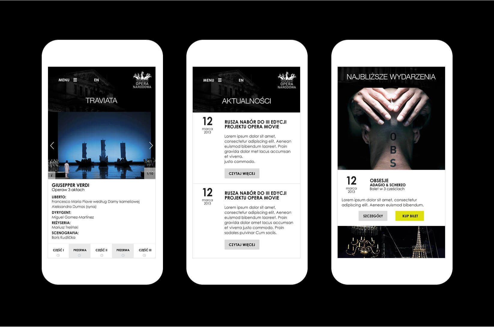Trzy ekrany mobilne Opery Narodowej z repertuarem, aktualnościami i wydarzeniami.