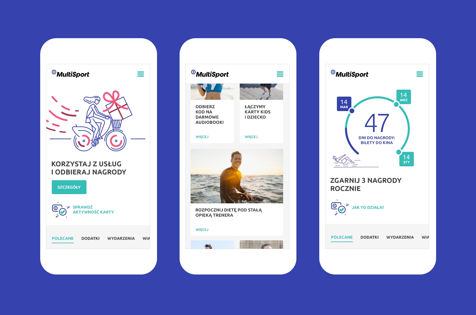 Ekrany serwisu MultiSport z nagrodami i ofertą dla użytkowników