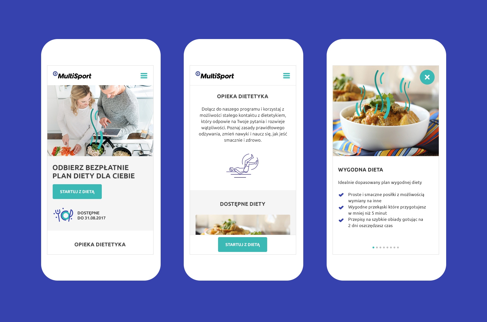 Ekrany mobilne serwisu MultiSport z ofertą diet i usług dodatkowych