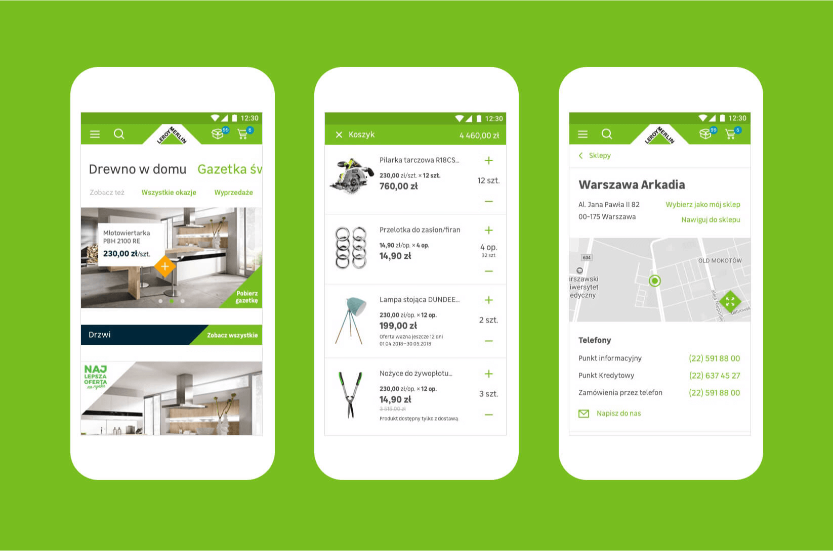 Mobilne widoki Leroy Merlin: oferta, koszyk i wybór sklepu