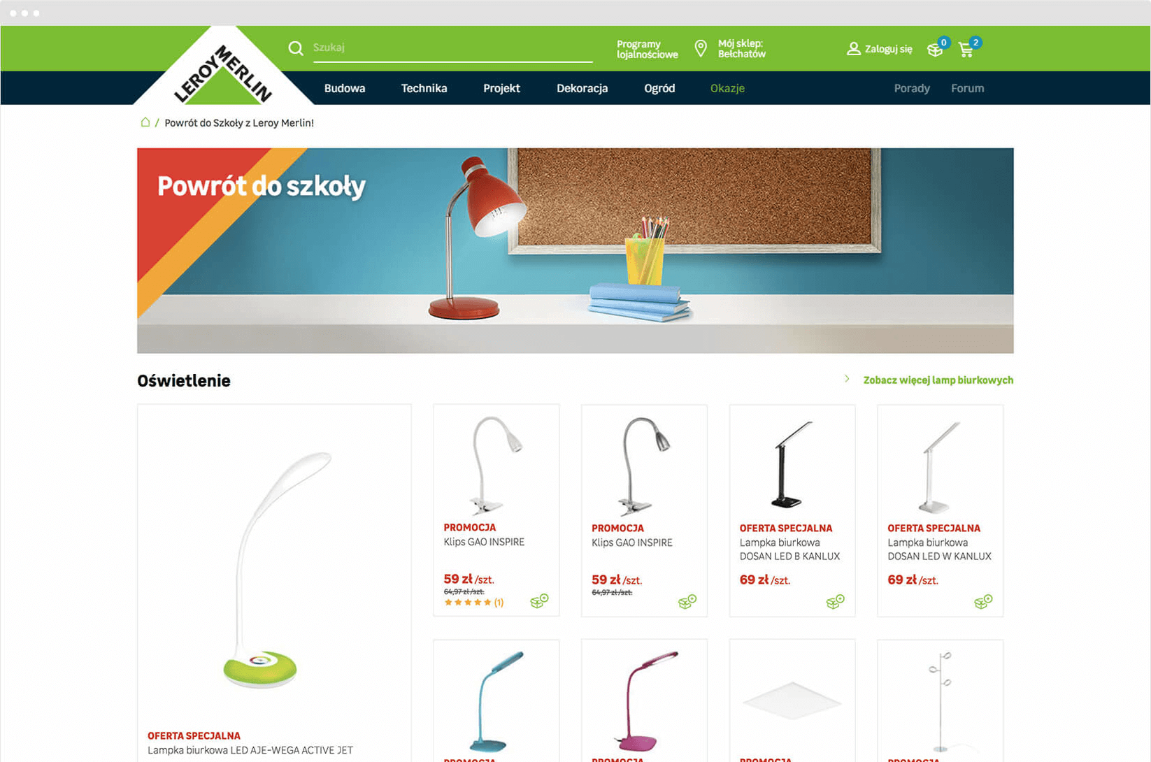 Strona kategorii Leroy Merlin z ofertą oświetlenia i banerem kampanii