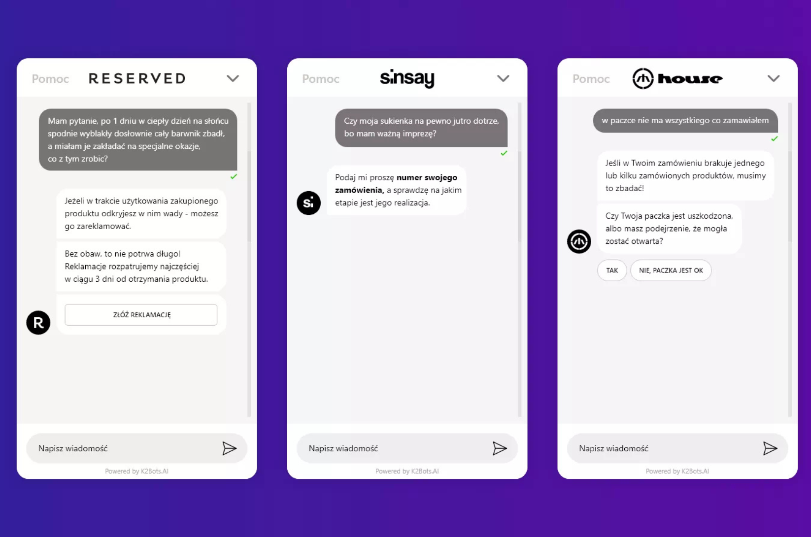 Ekrany chatbotów Reserved, Sinsay i House w aplikacji mobilnej