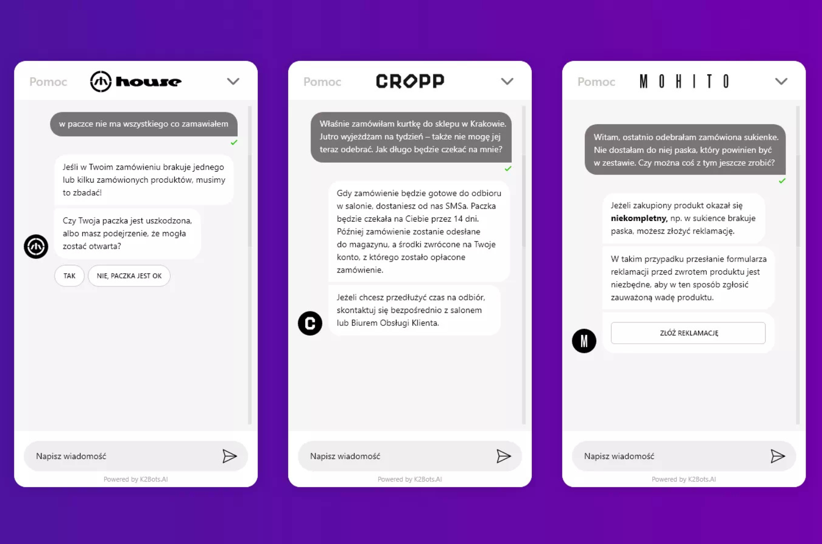 Ekrany chatbotów House, Cropp i Mohito w aplikacji mobilnej