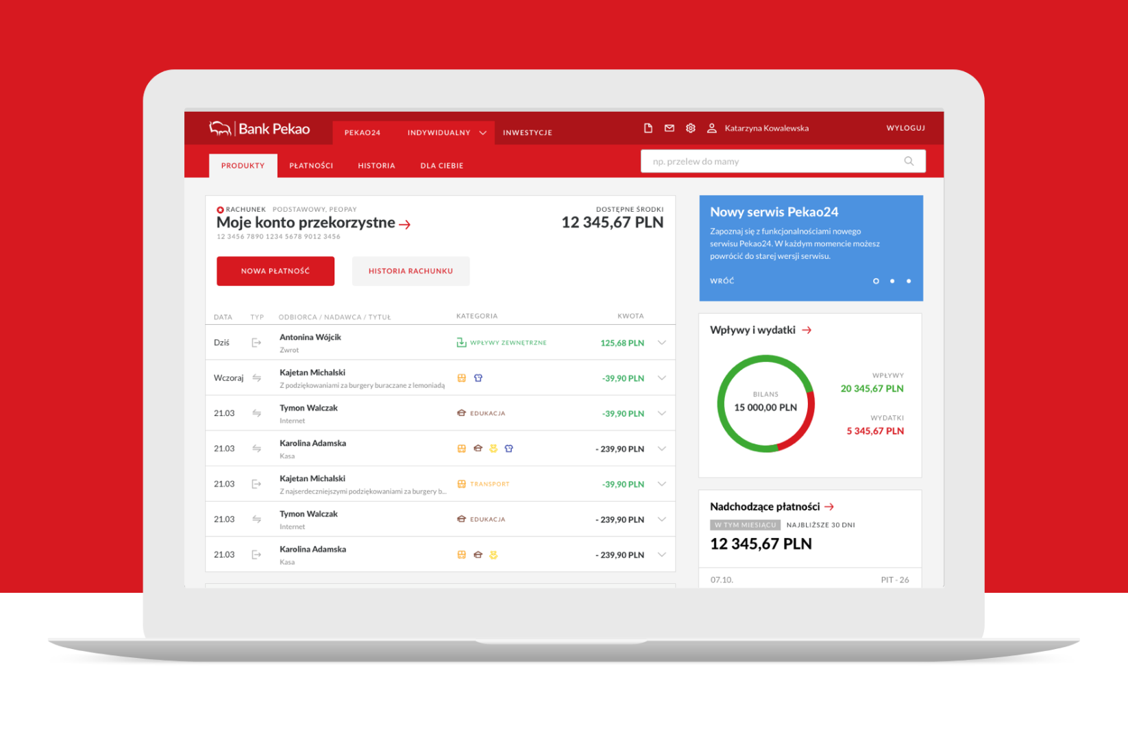 Dashboard serwisu Pekao24 z historią operacji i bilansem