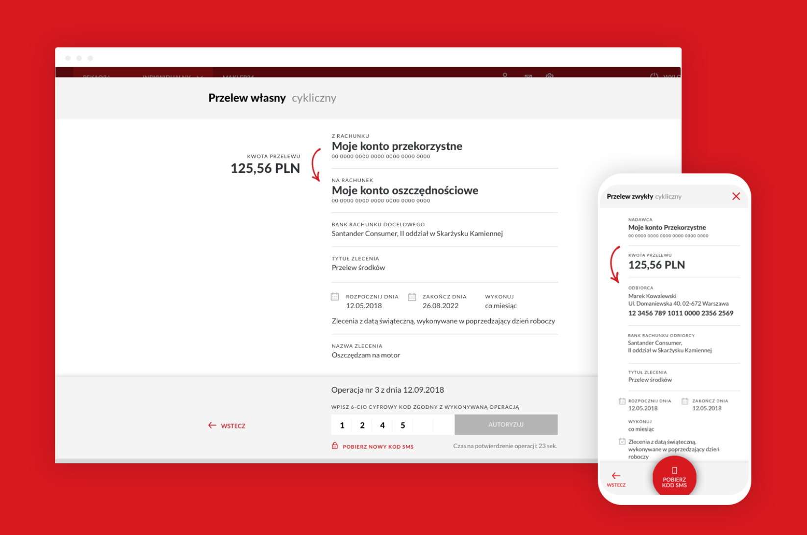 Formularz przelewu cyklicznego w Pekao24 na desktopie i smartfonie