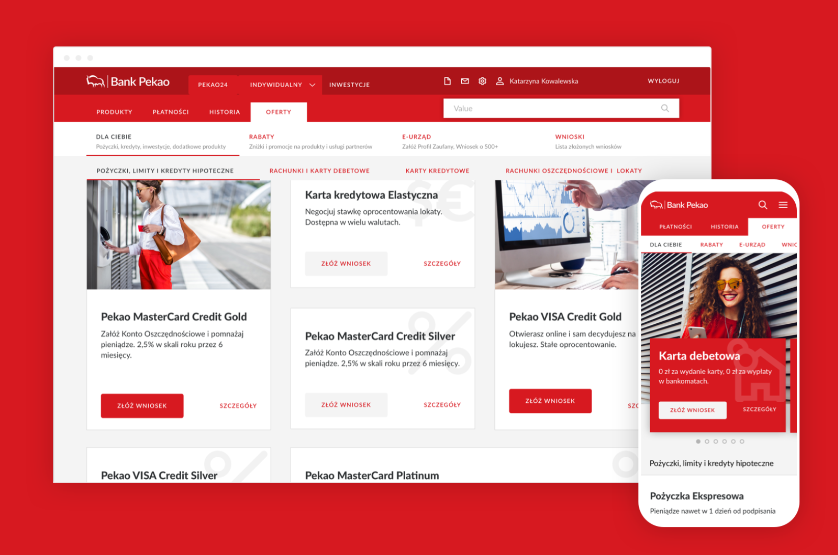 Widok sekcji ofert serwisu Pekao24 na desktopie i smartfonie