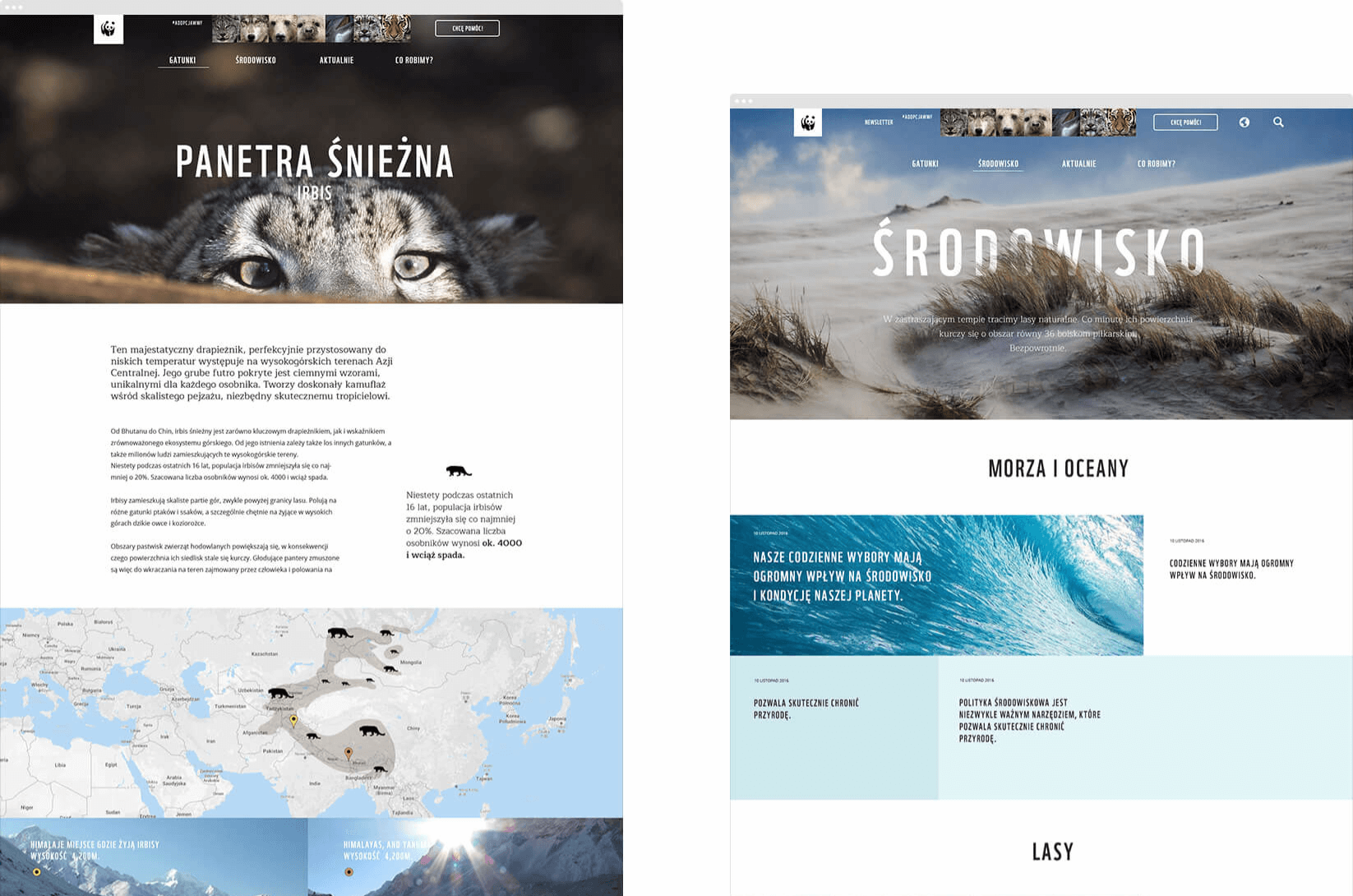 Widoki serwisu WWF z sekcjami gatunki i środowisko