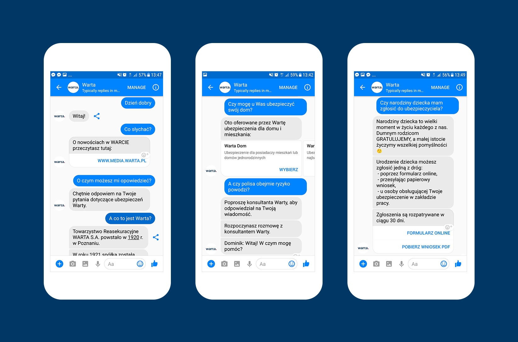 Ekrany rozmowy z chatbotem Warta w aplikacji Messenger