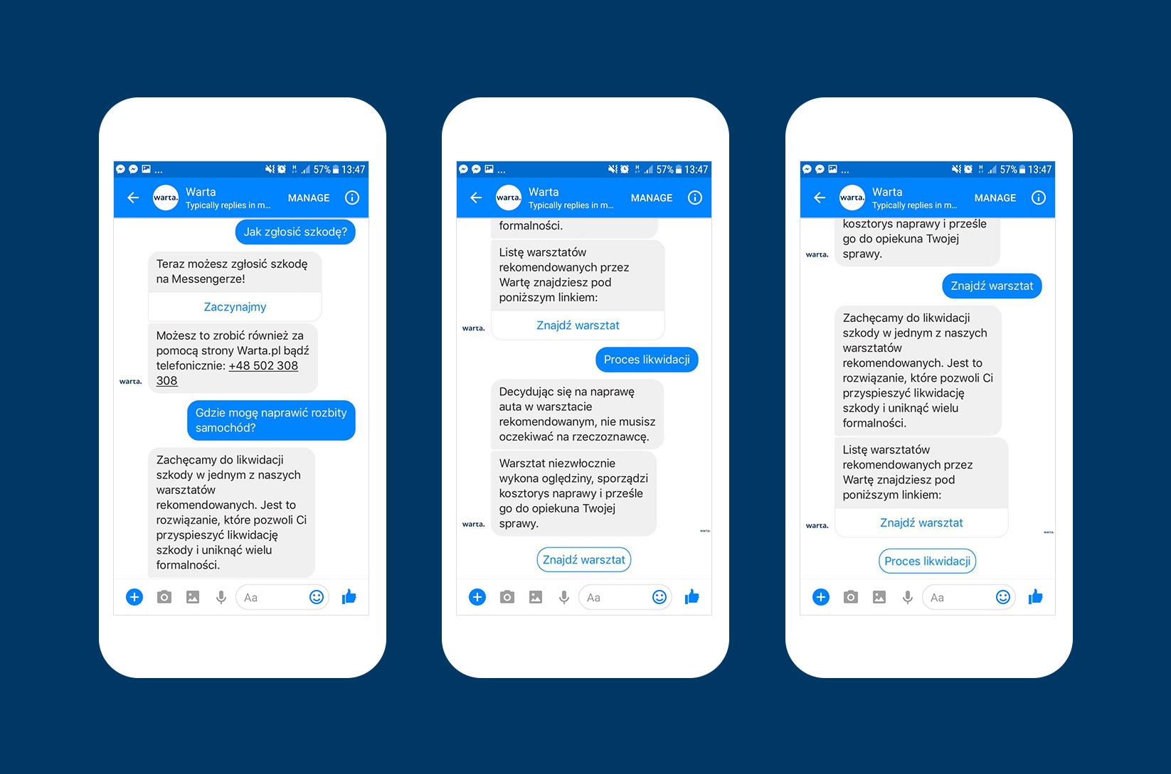 Ekrany czatu Warta z informacją o warsztatach i likwidacji szkody