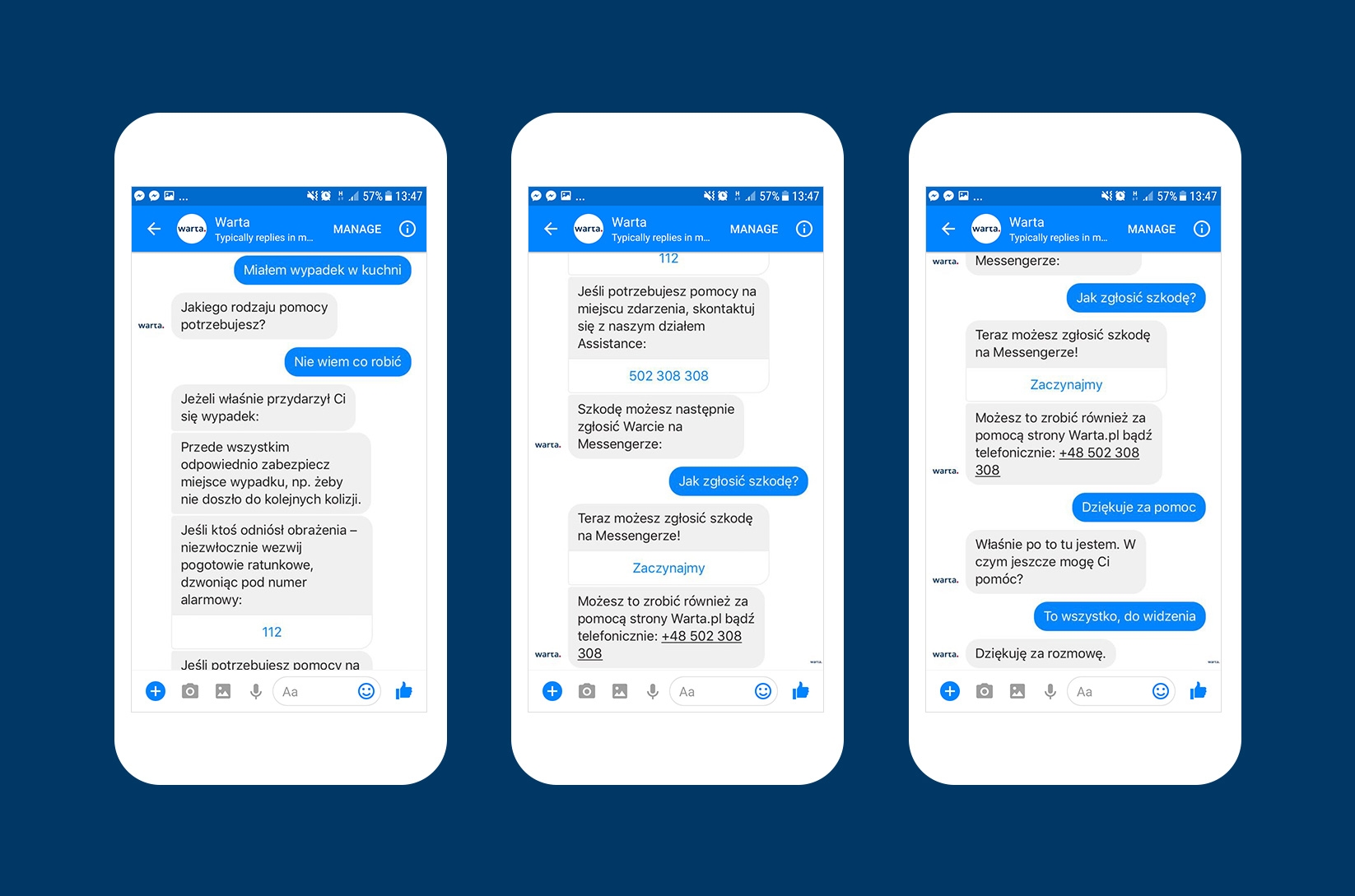 Ekrany rozmowy z chatbotem Warta w aplikacji Messenger