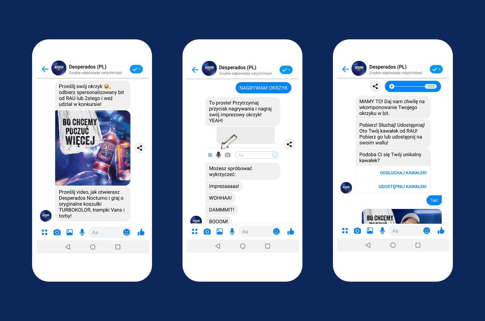 Ekrany czatu Desperados z nagrywaniem okrzyku w Messengerze